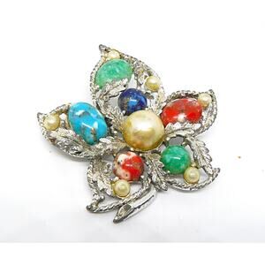 Sarah Coventry SilverTone Faux Pearl Multicolor Brooch Pin Fantasy Collection